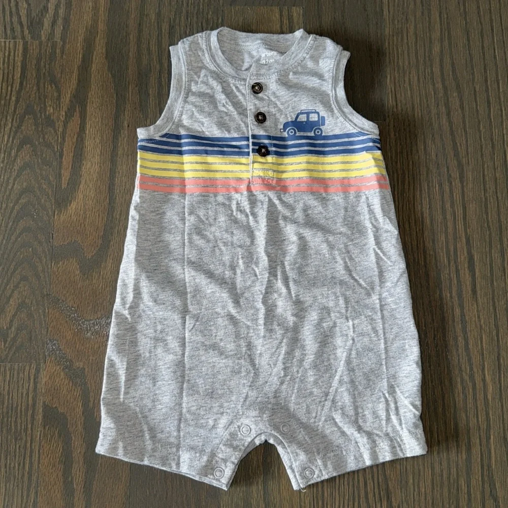 Carter's Henley Striped Car Sleeveless Romper | 12 M